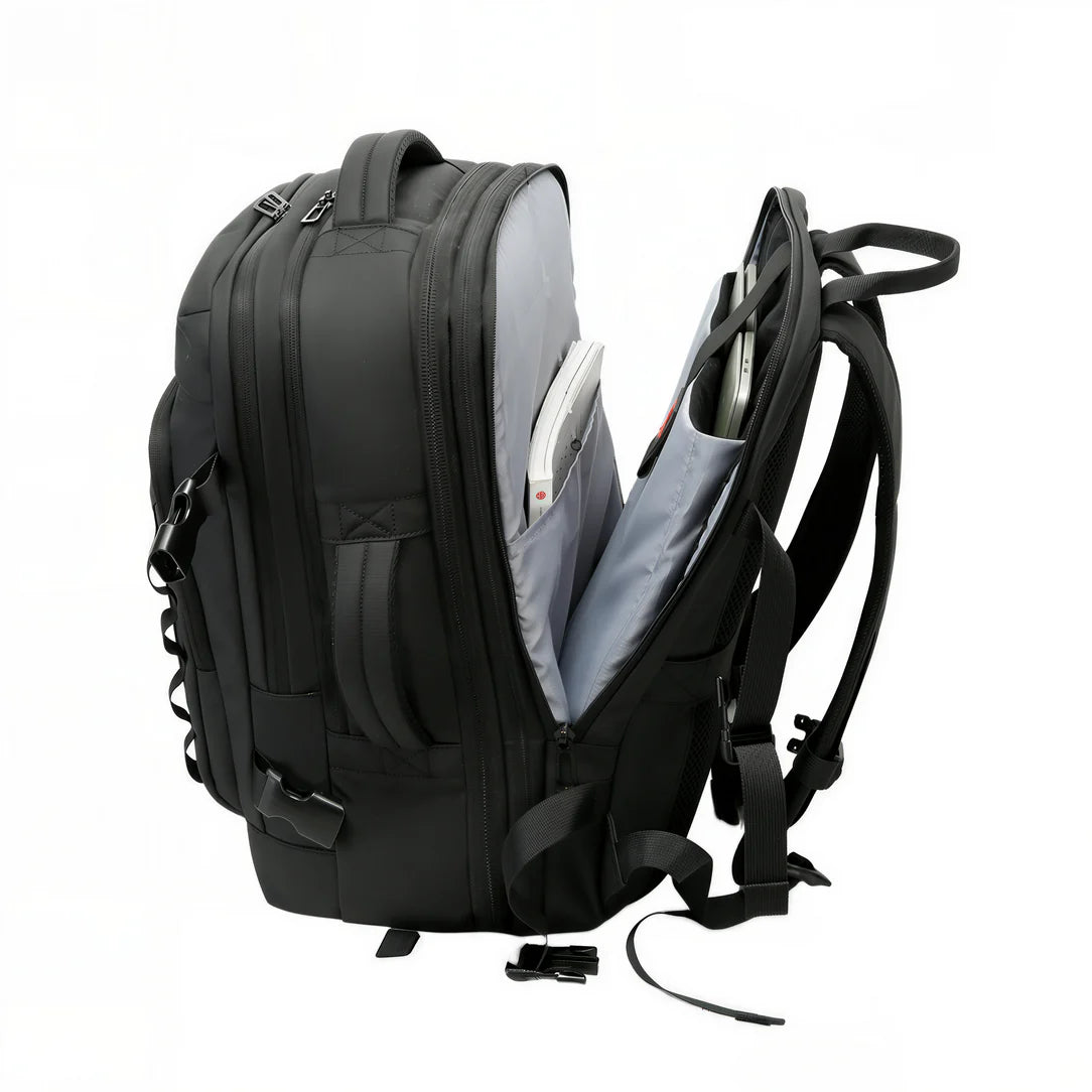 Sac à dos de voyage multi compartiment Voynex Travel ouvert noir pour voyager efficacement