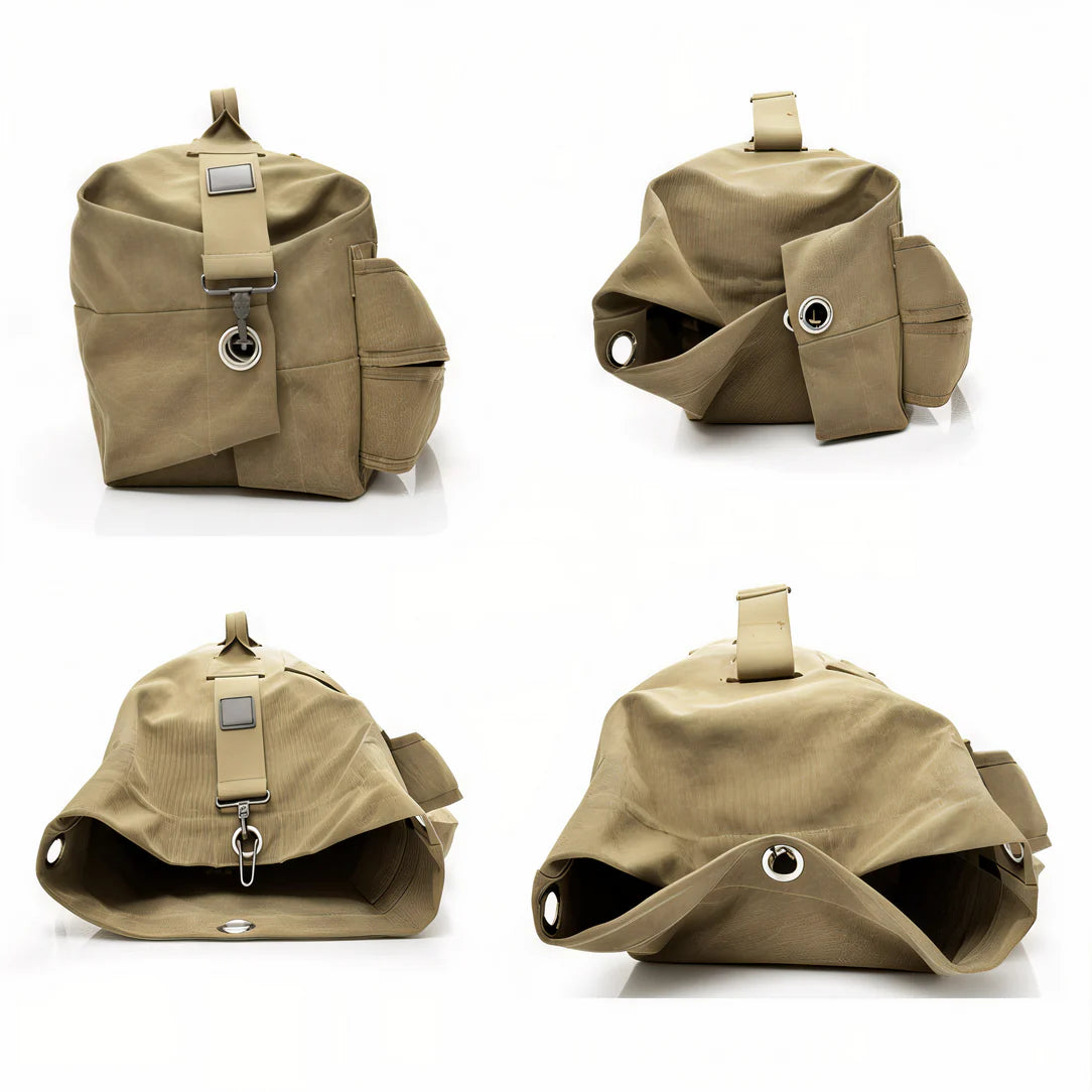 Sac à dos de voyage vintage en toile kaki avec poche latérale, style rétro affirmé