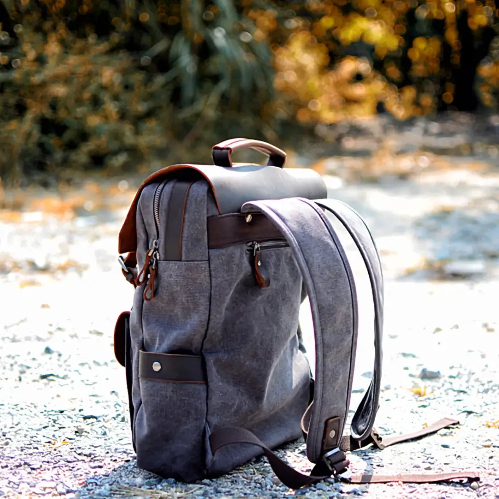 Sac à dos en cuir vintage, gris canvas et marron en cuir authentique
