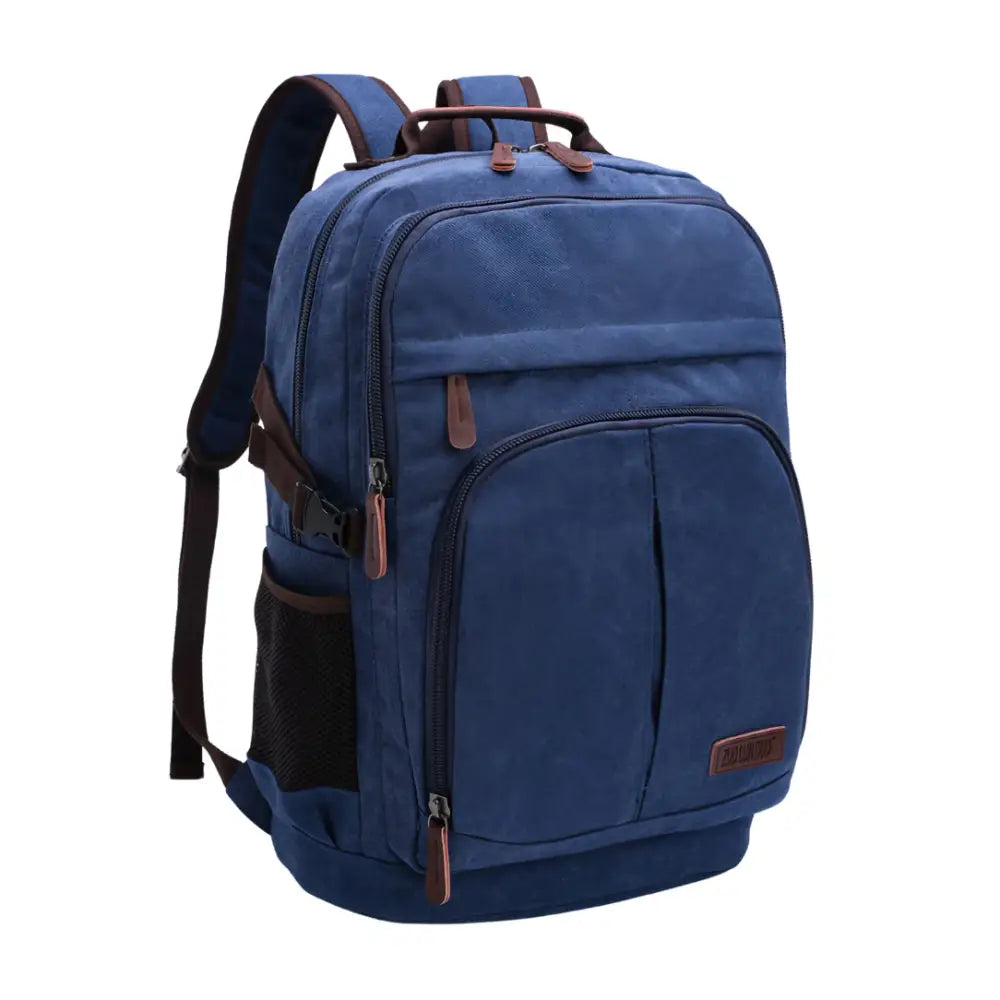 Sac à dos en tissu vintage bleu avec accents en marron, style boho et tendance