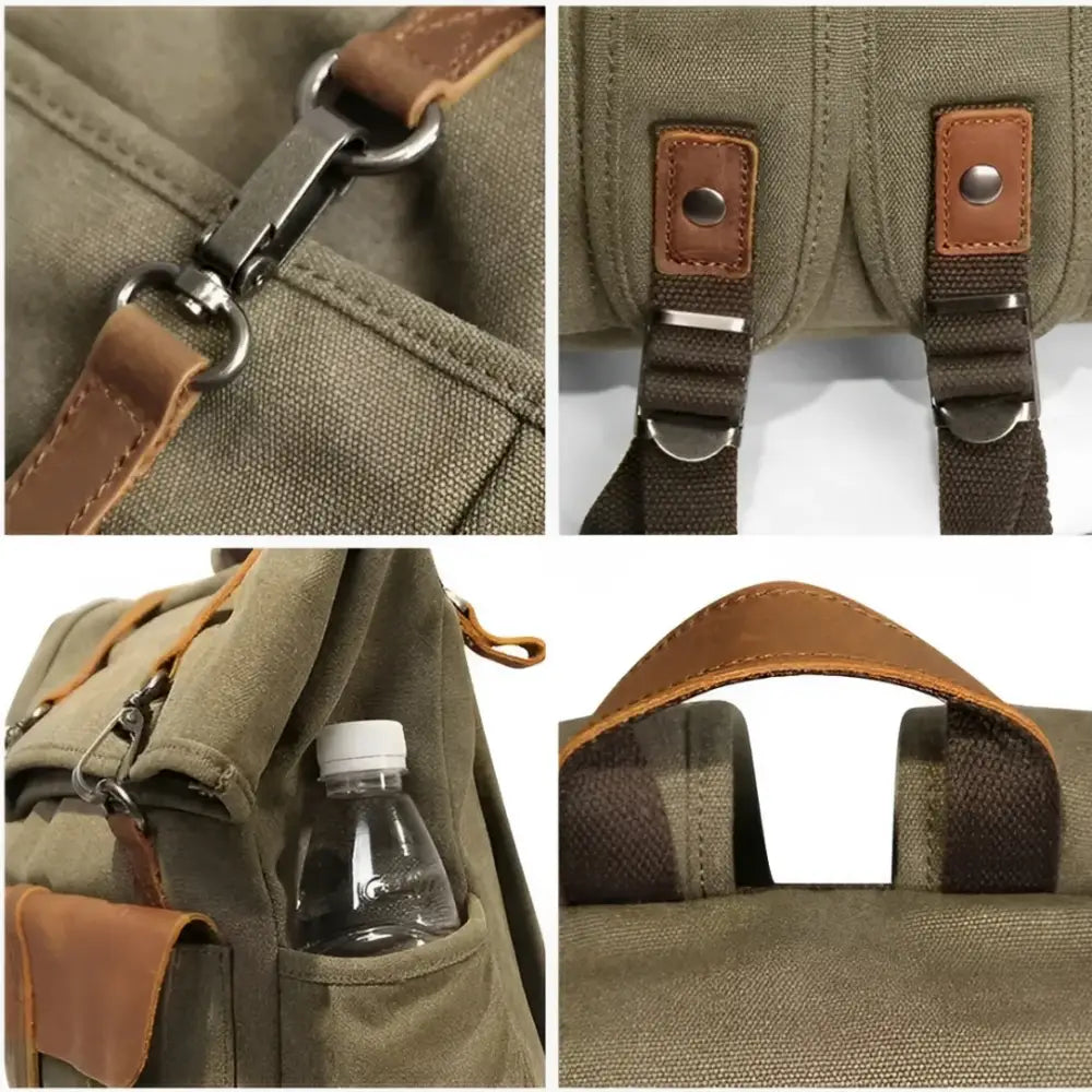 Sac à dos en toile vintage olive avec cuir pleine fleur et accents en cuir pleine