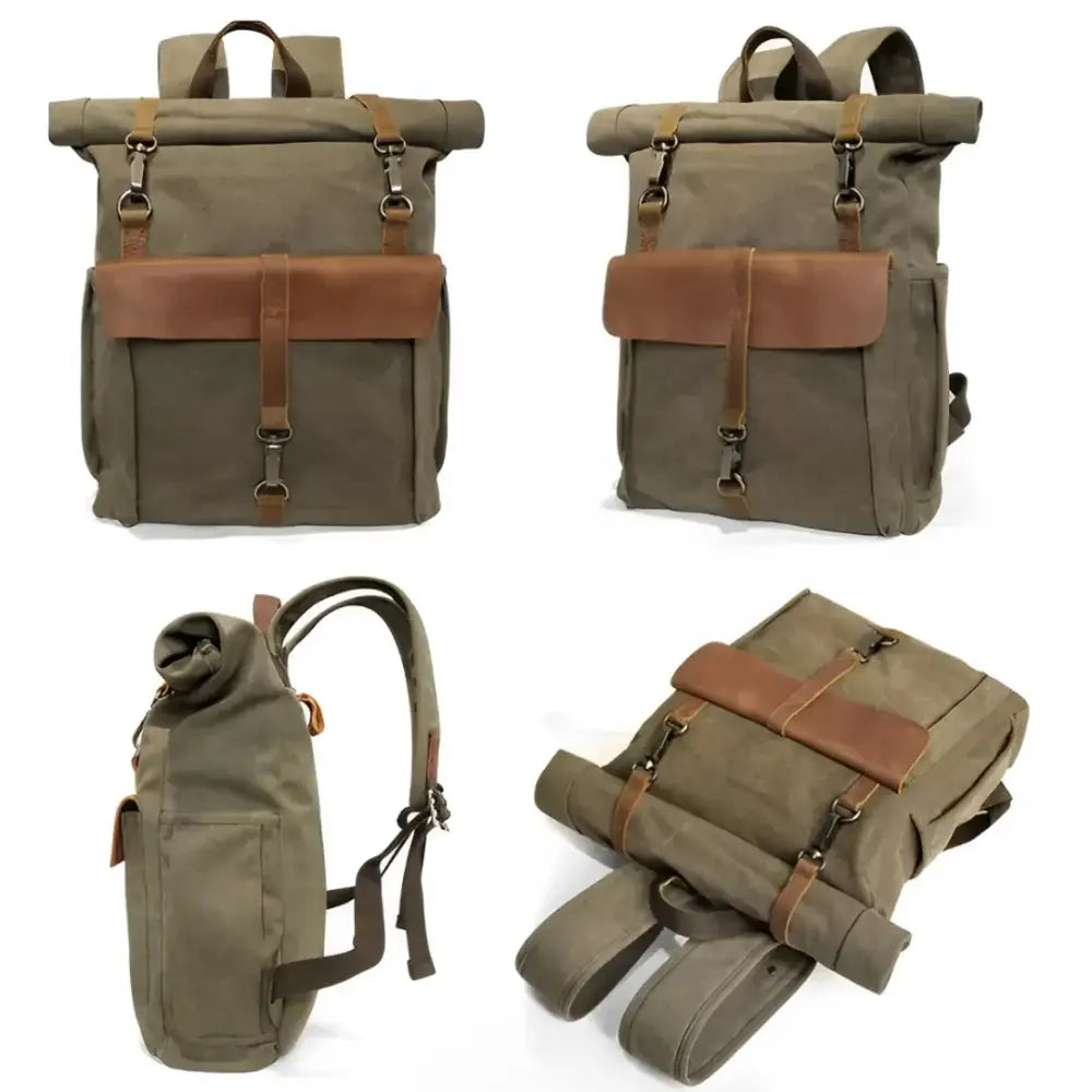 Sac à dos en toile vintage olive green avec cuir pleine fleur pour un style élégant