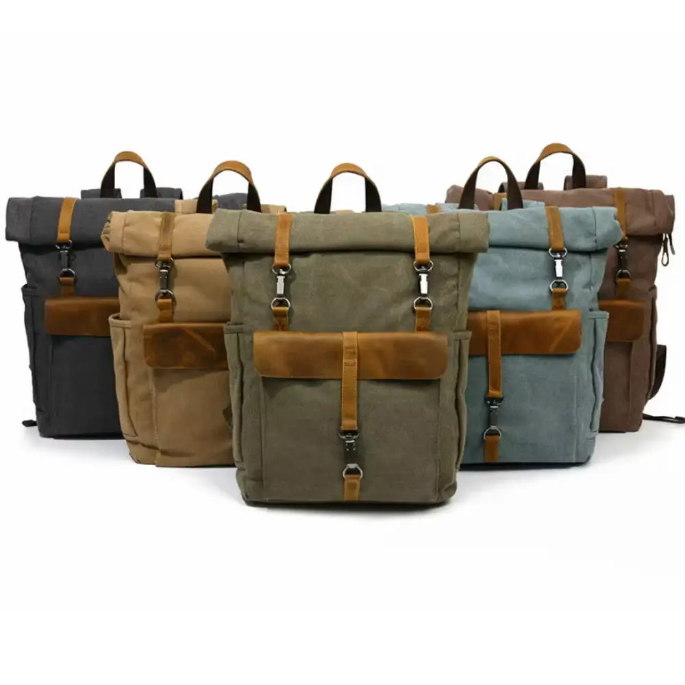 Sac à dos en toile vintage Auguste avec cuir pleine fleur, assortiment de sacs roll-top
