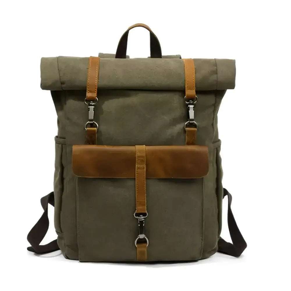 Sac à dos en toile vintage Olive green avec cuir pleine fleur et accents en cuir pleine