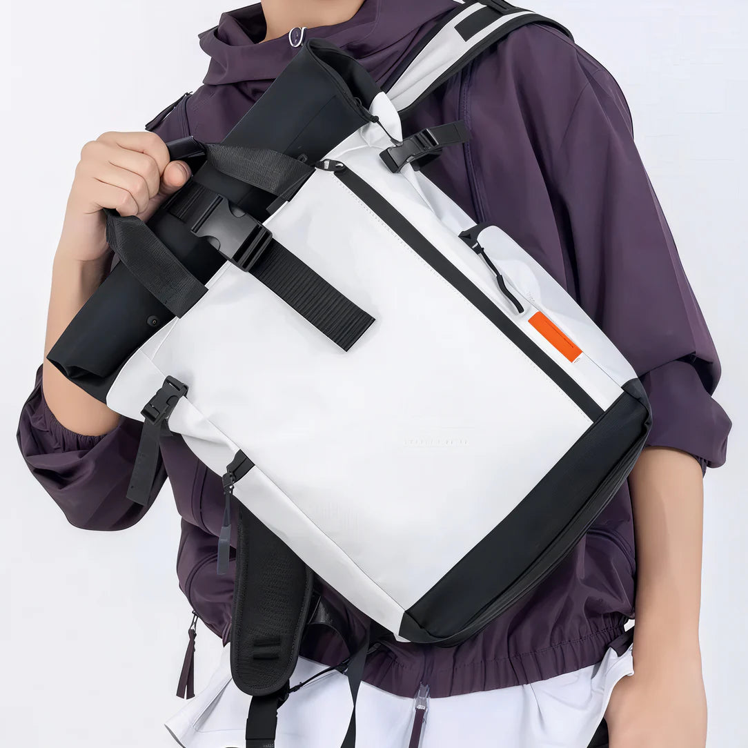 Sac à dos étanche 25L roll top avec sac banane blanc et noir pour voyage