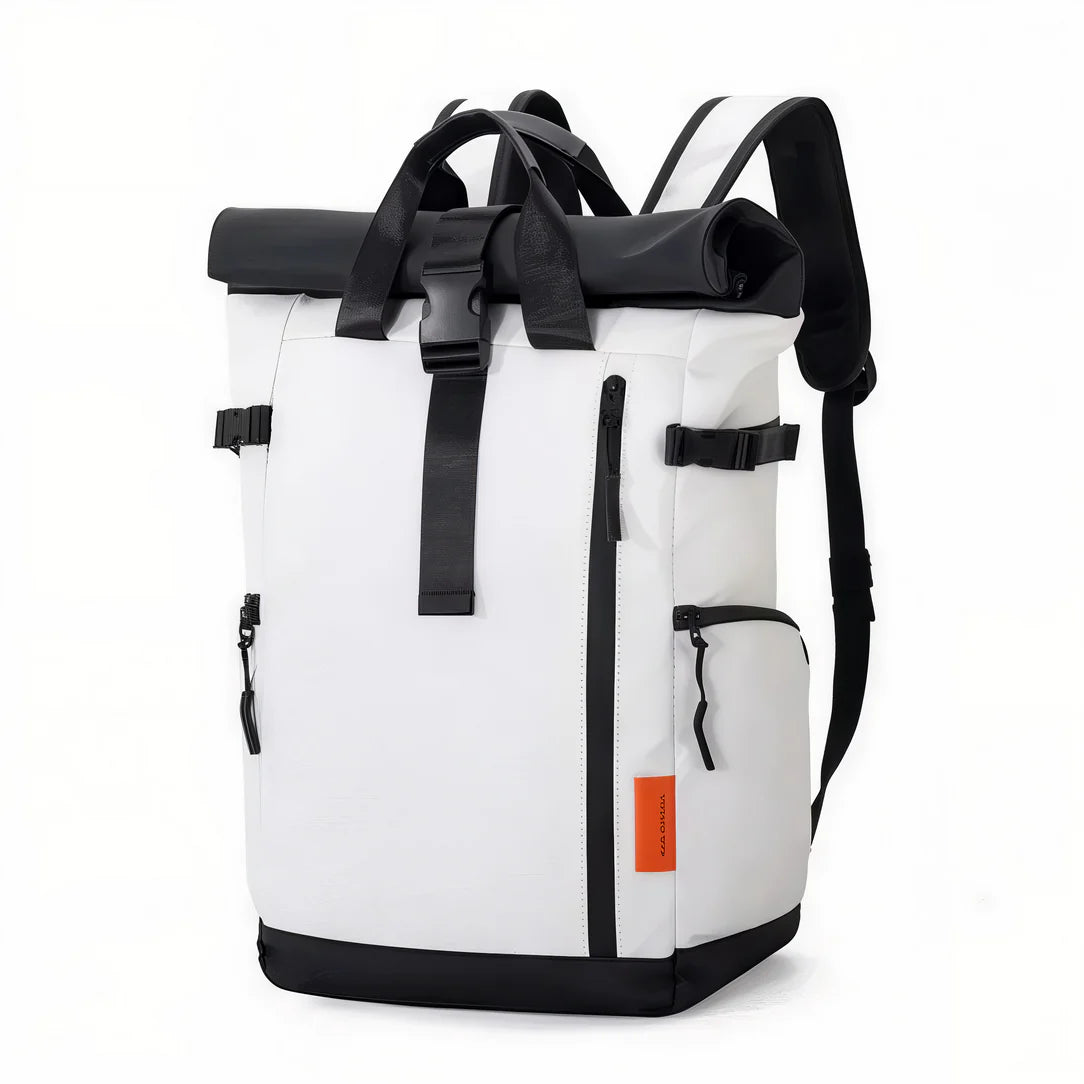Sac à dos étanche 25L roll top blanc avec accents noirs pour adventure et voyage