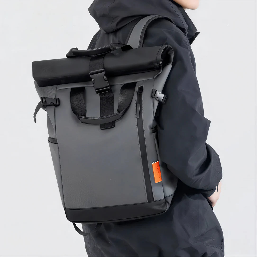 Sac à dos étanche 25L roll top gris et noir pour aventure et sports outdoor