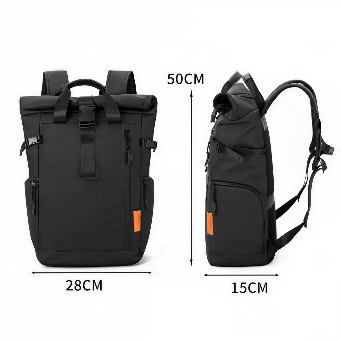 Sac à dos étanche 25L roll top Tango avec dimensions et design noir moderne
