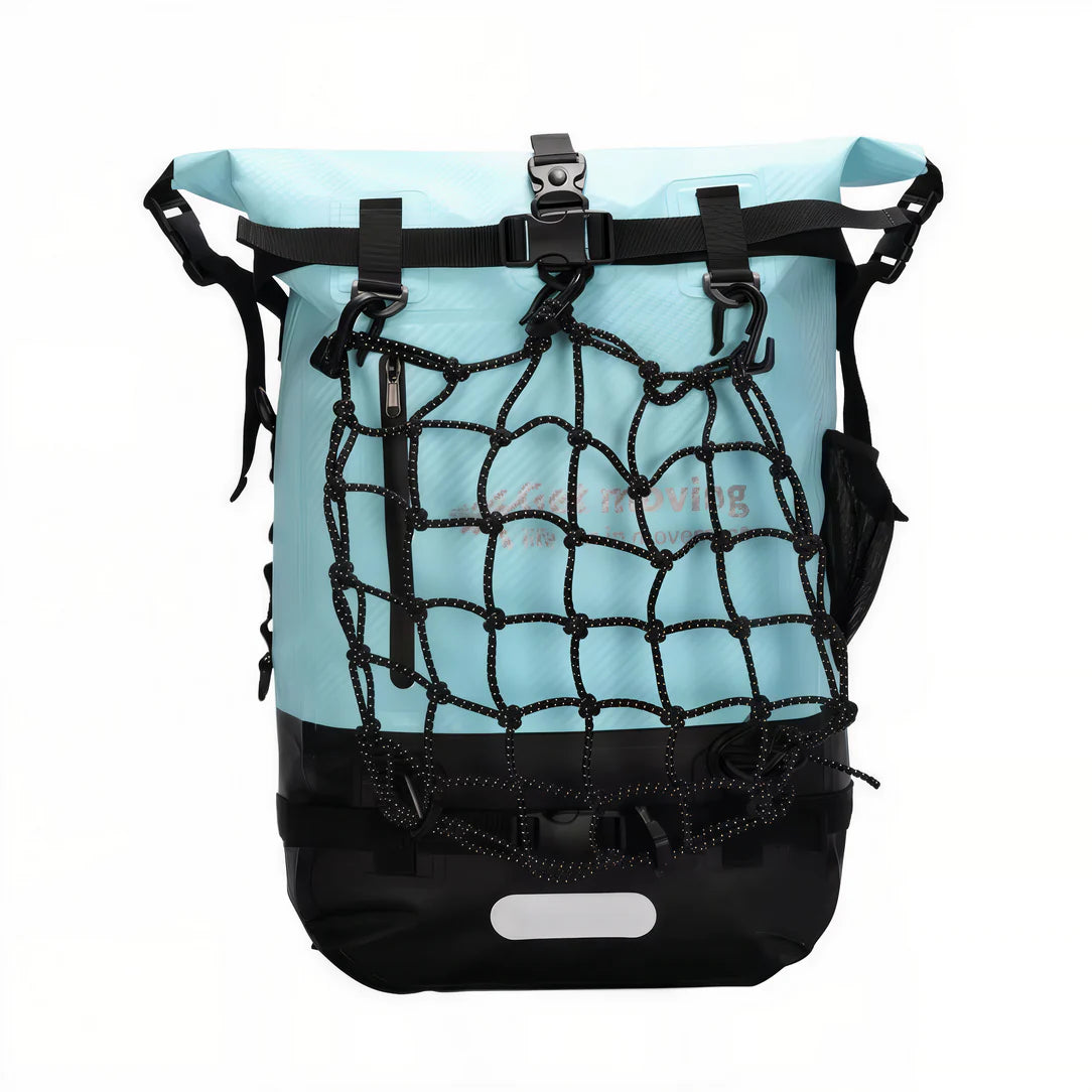 Sac à dos imperméable aqua et noir avec filet de chargement.