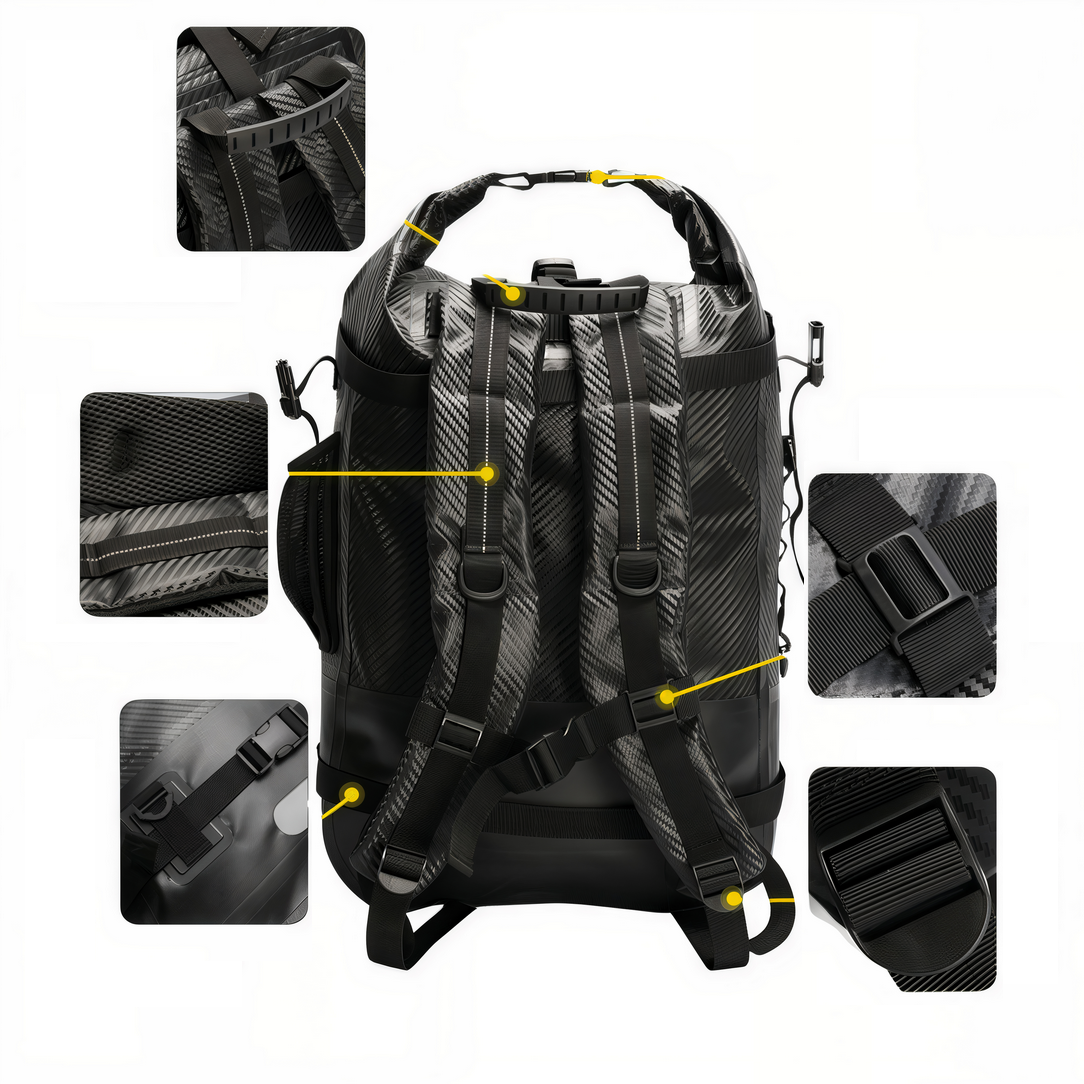 Sac à dos étanche 30 L Getmove X avec motif noir et gris, carbone 500d, visibilité renforcée