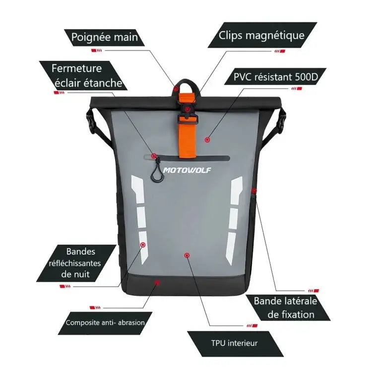 Sac à dos gris imperméable avec bandes réfléchissantes.