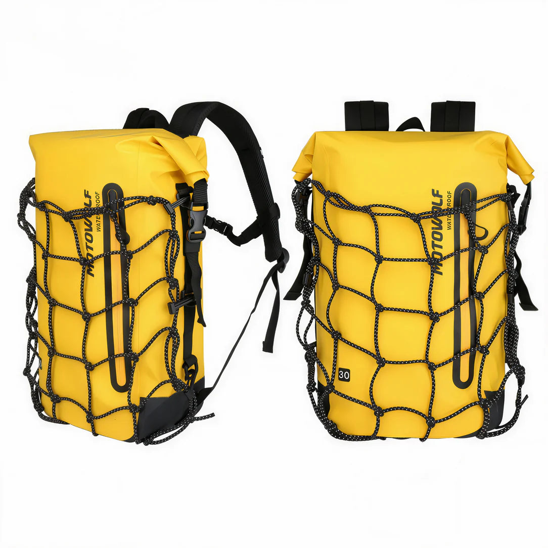 Sac à dos étanche MotoWolf 30L roll top jaune avec filet noir pour moto