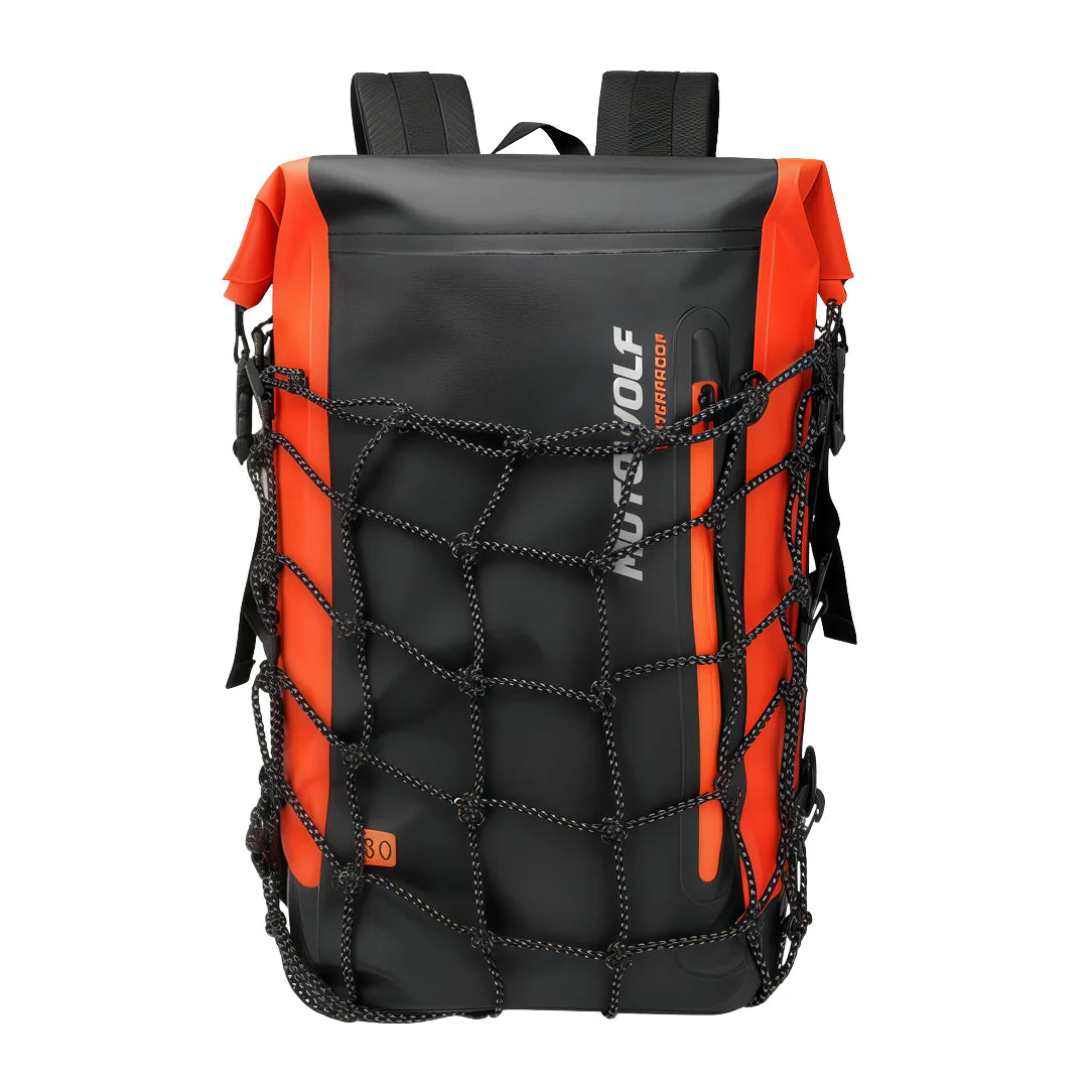 Sac à dos étanche pour moto MotoWolf 30L avec roll top, orange noir, cargo net