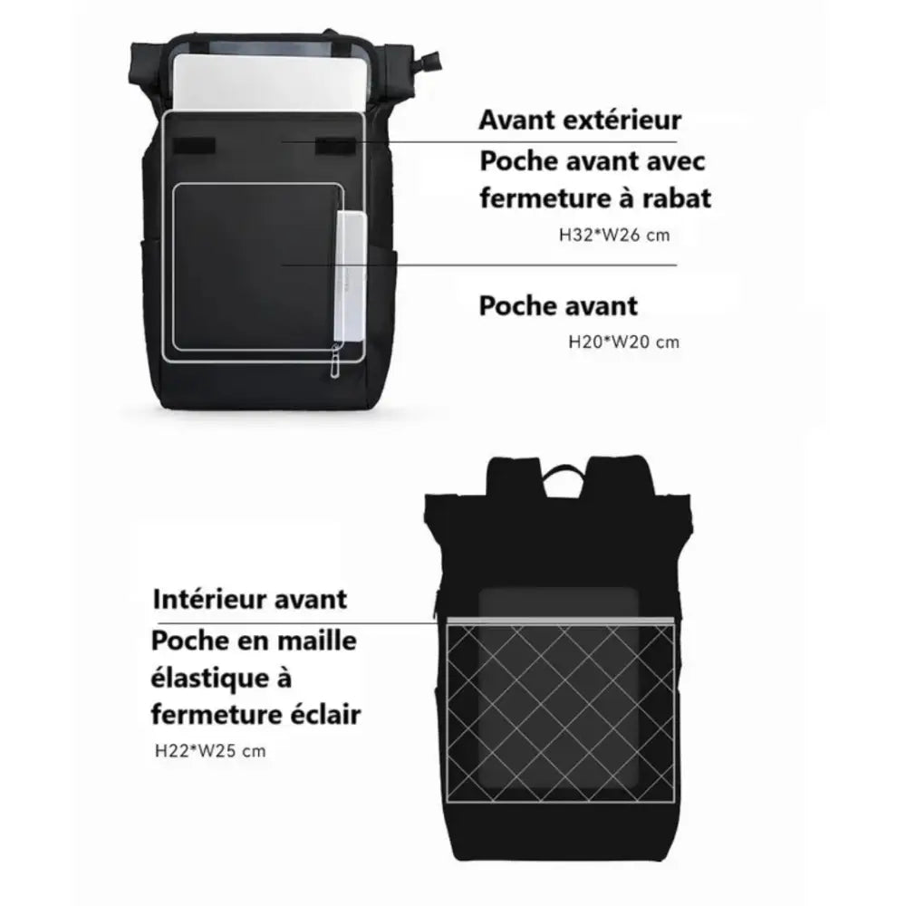 Sac à dos noir avec pochettes.