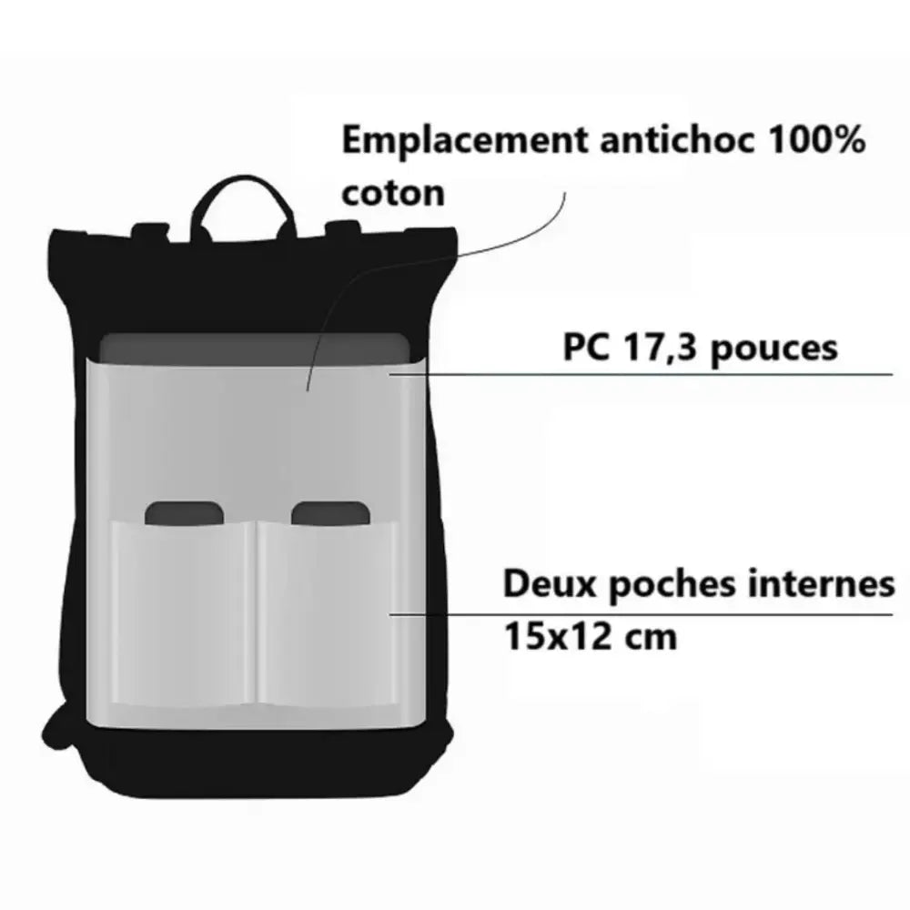 Sac à dos noir avec poches intérieures.
