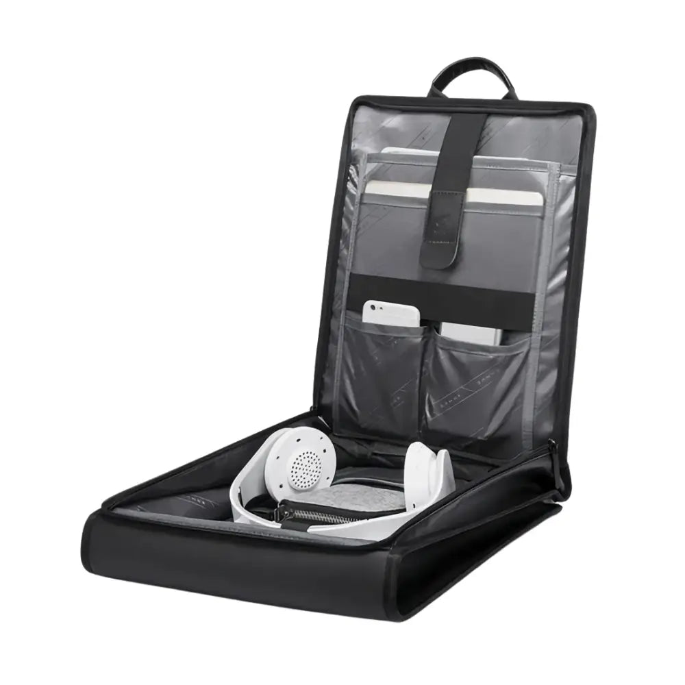 Sacoche noire ouverte pour ordinateur portable avec accessoires.