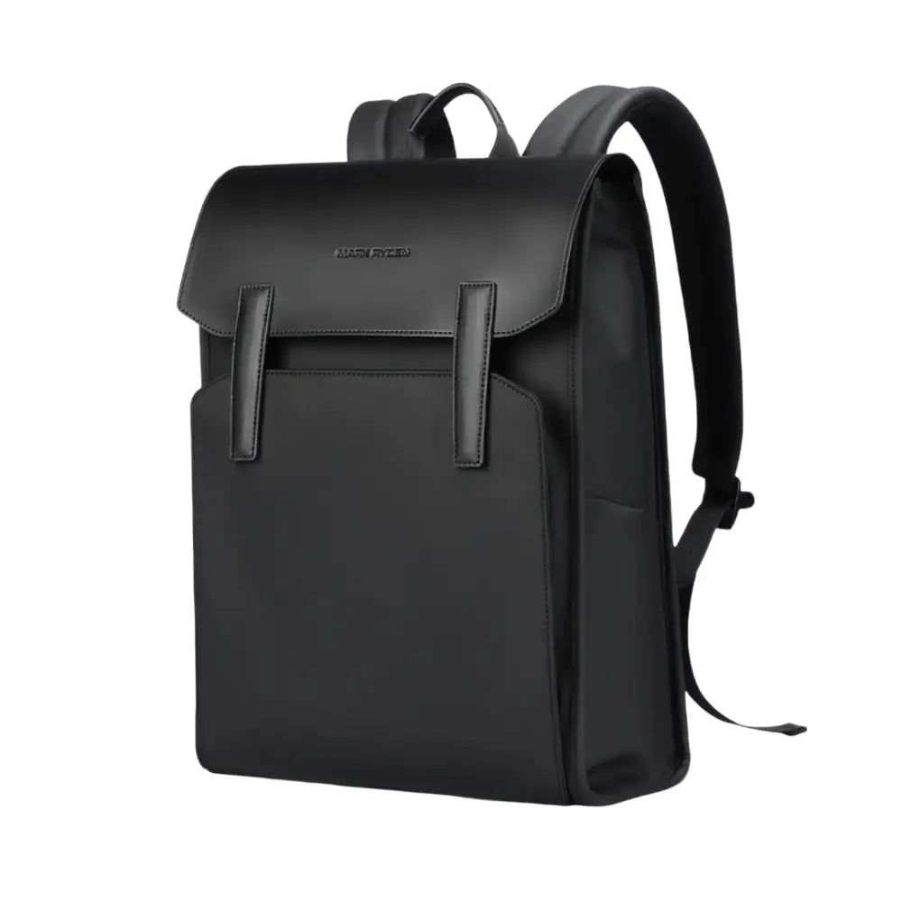 Sac à dos rectangulaire noir avec fermeture à rabat.