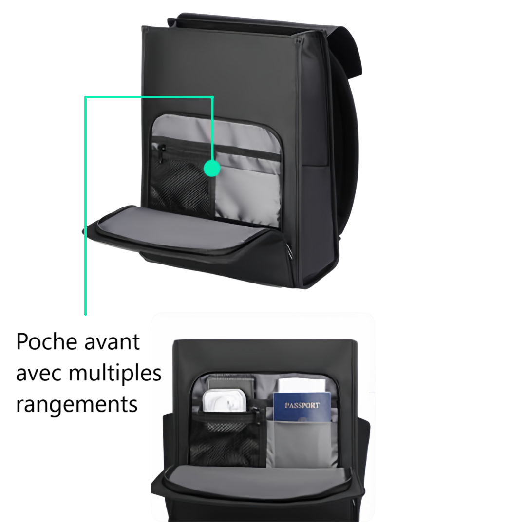 Sac à dos noir avec plusieurs compartiments de rangement.