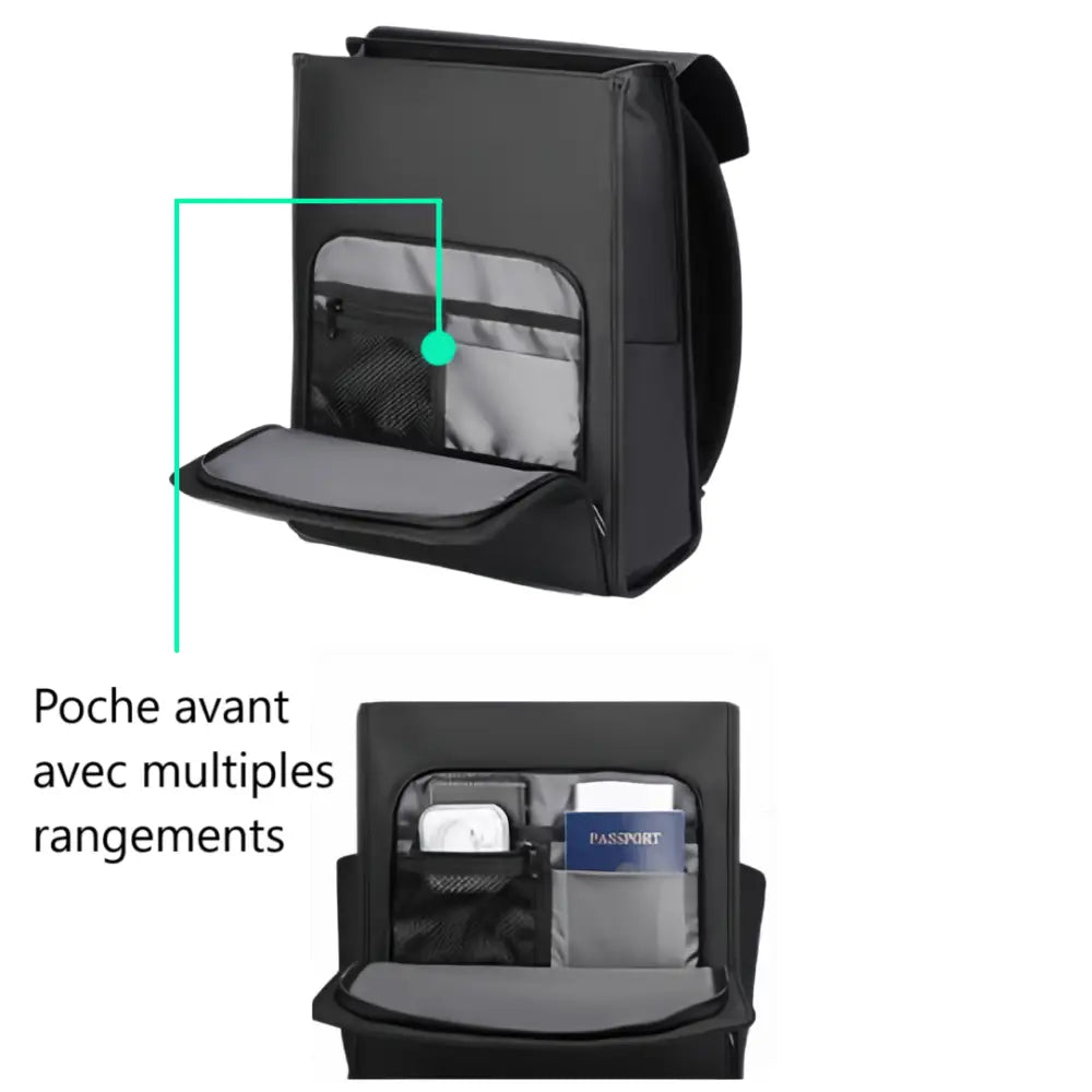 Sac à dos noir avec plusieurs compartiments de rangement.
