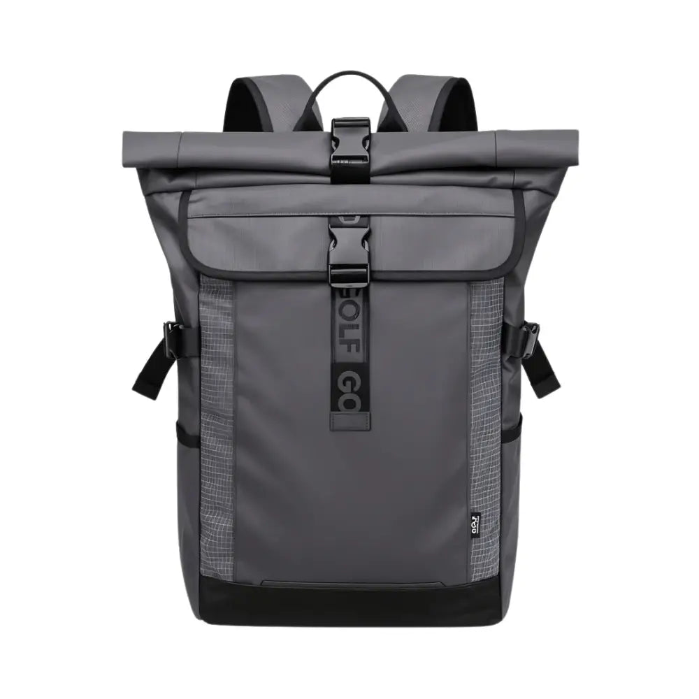 Sac à dos gris à roulettes.