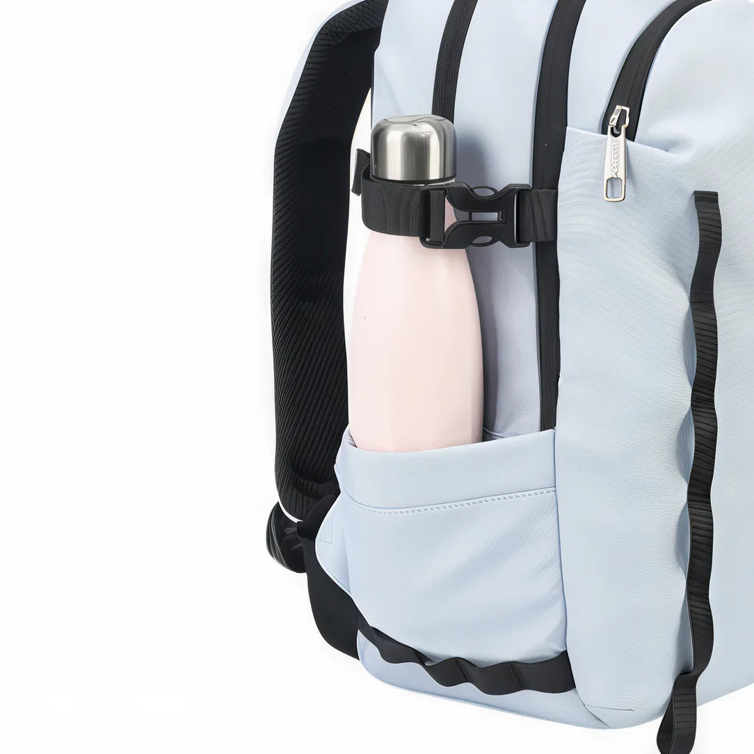 Sac à dos multi compartiment femme avec nombreuses poches et bouteille d’eau, bleu clair