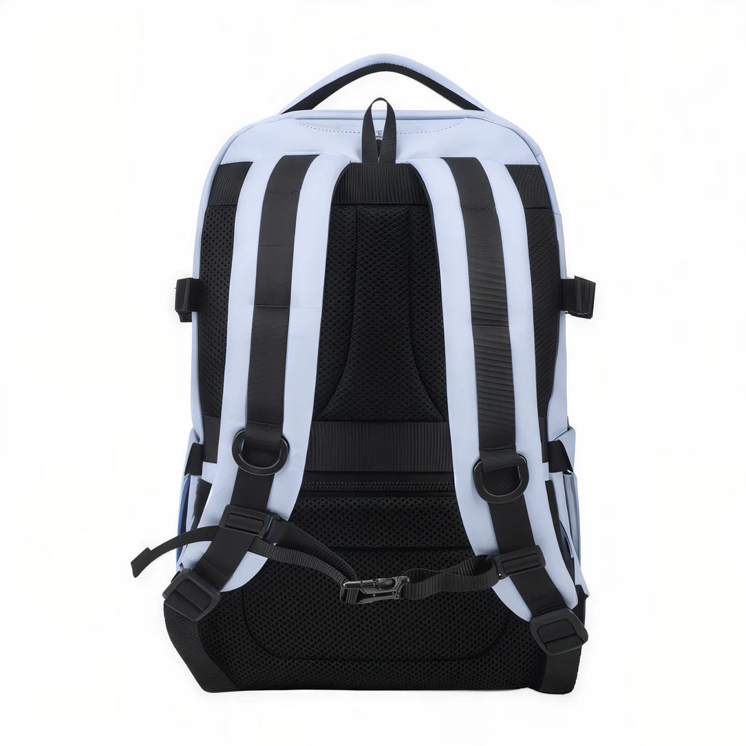 Sac à dos multi compartiment femme en bleu clair et noir avec nombreuses poches