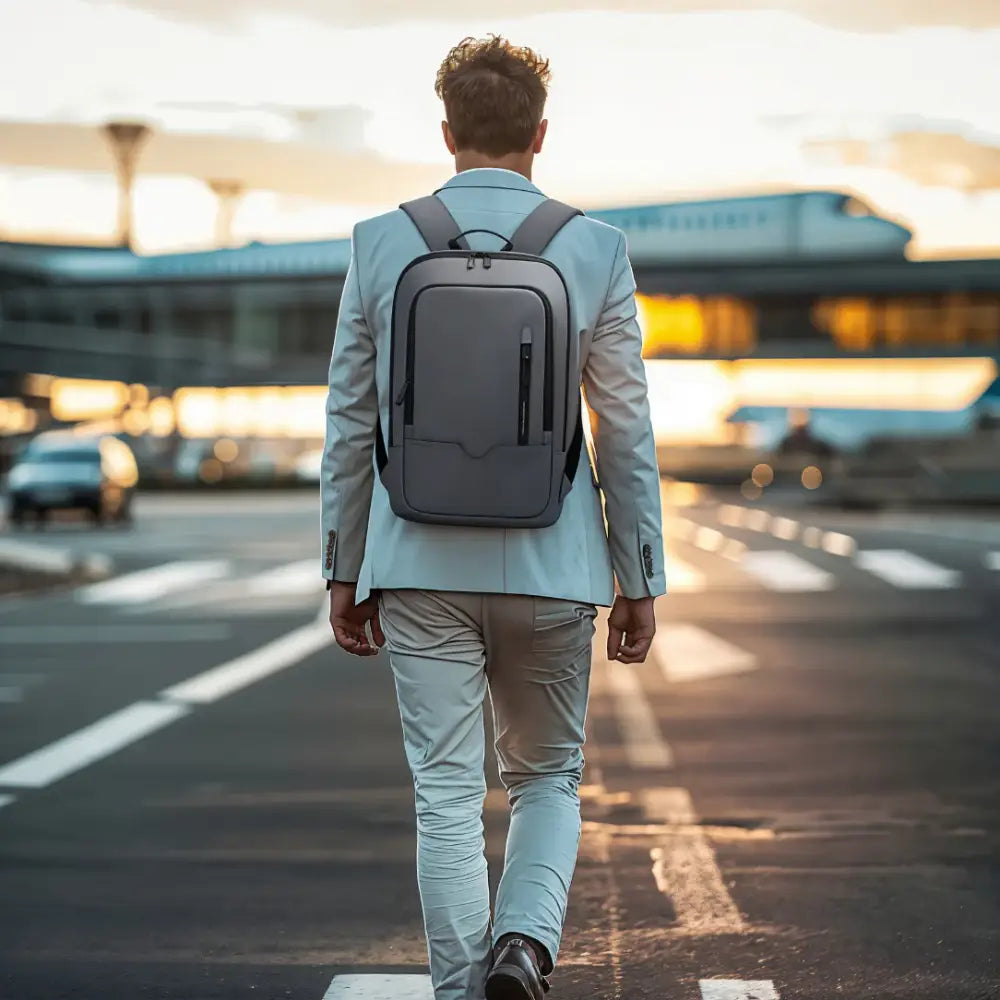 Sac à dos ordinateur 14 pouces Aéro I porté par un homme avec un sac gris