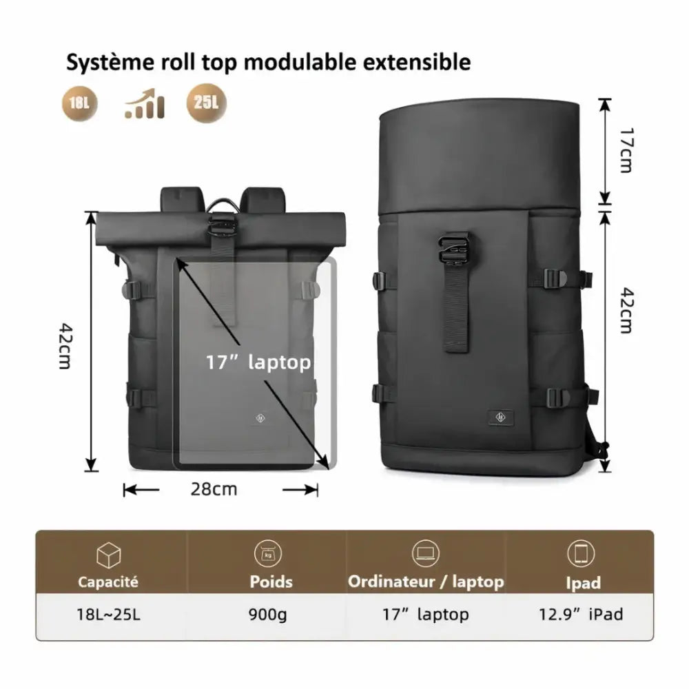 Sac à dos noir à roulettes avec dimensions.