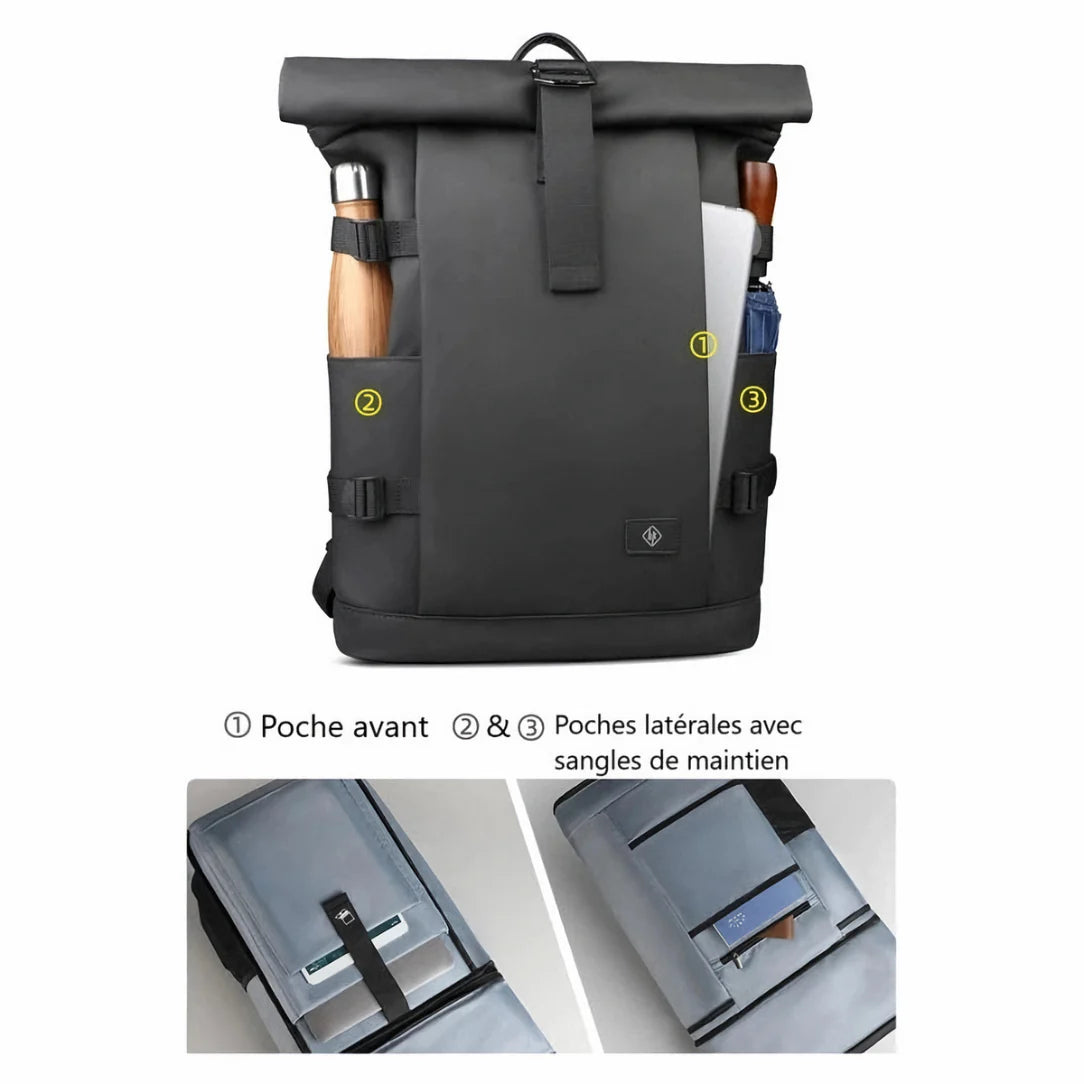 Sac à dos à roulettes noir avec poches latérales.