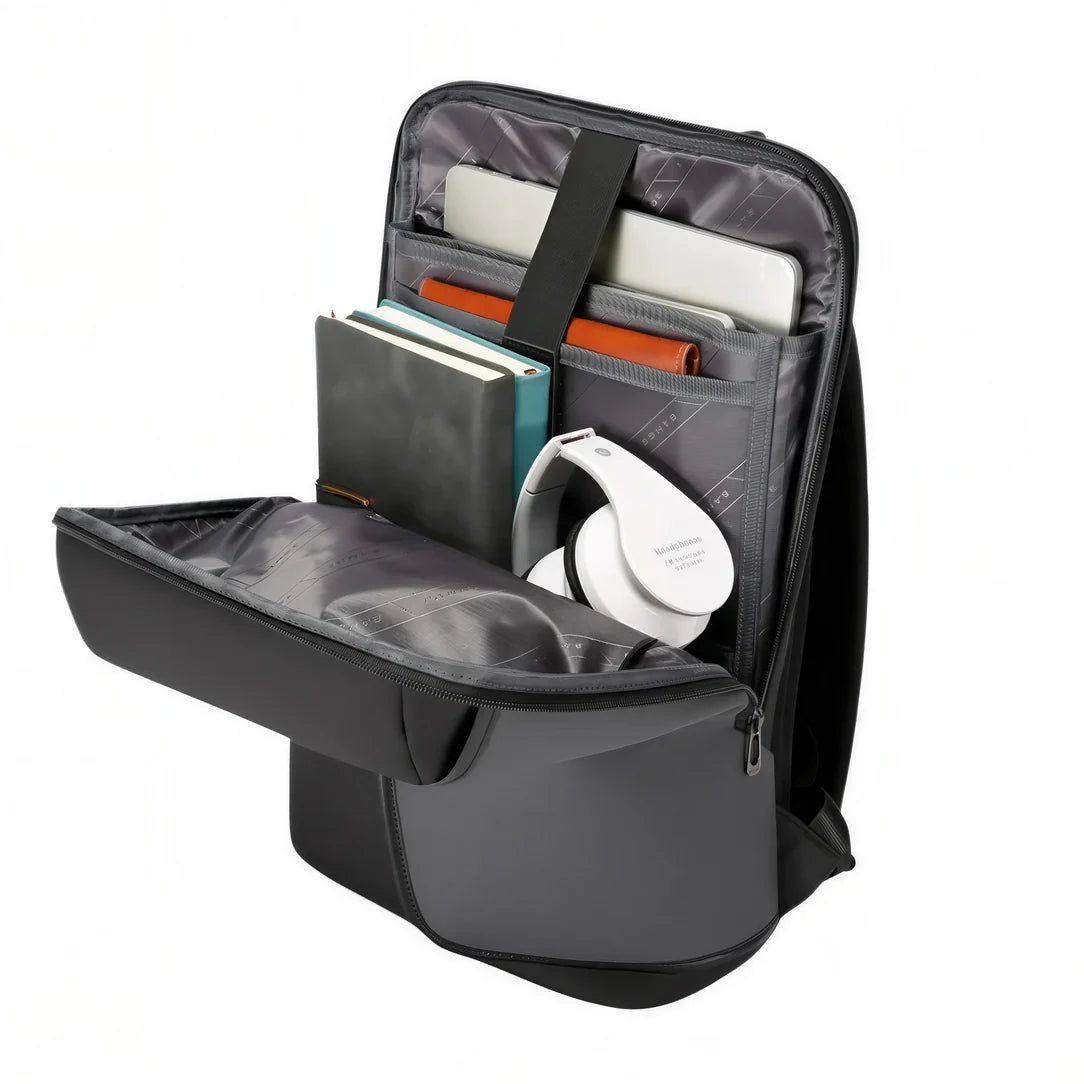 Sac à dos ordinateur étanche Aquenox gris ouvert avec contenu visible