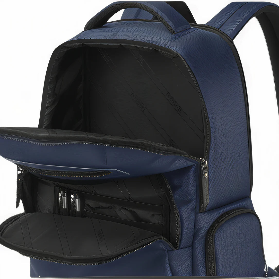 Sac à dos ordinateur femme élégant de couleur bleue ouverte sur fond blanc