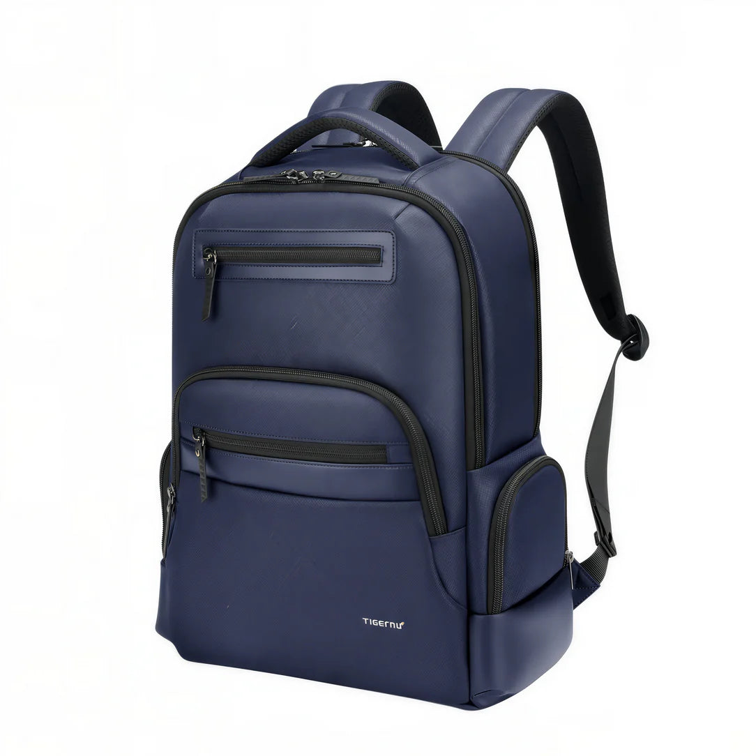 Sac à dos ordinateur femme élégant en bleu marine avec plusieurs compartiments zippés