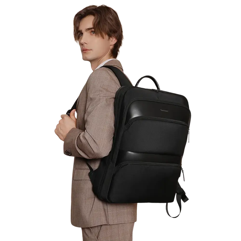 Sac à dos ordinateur professionnel noir avec accents en cuir, parfait pour le travail