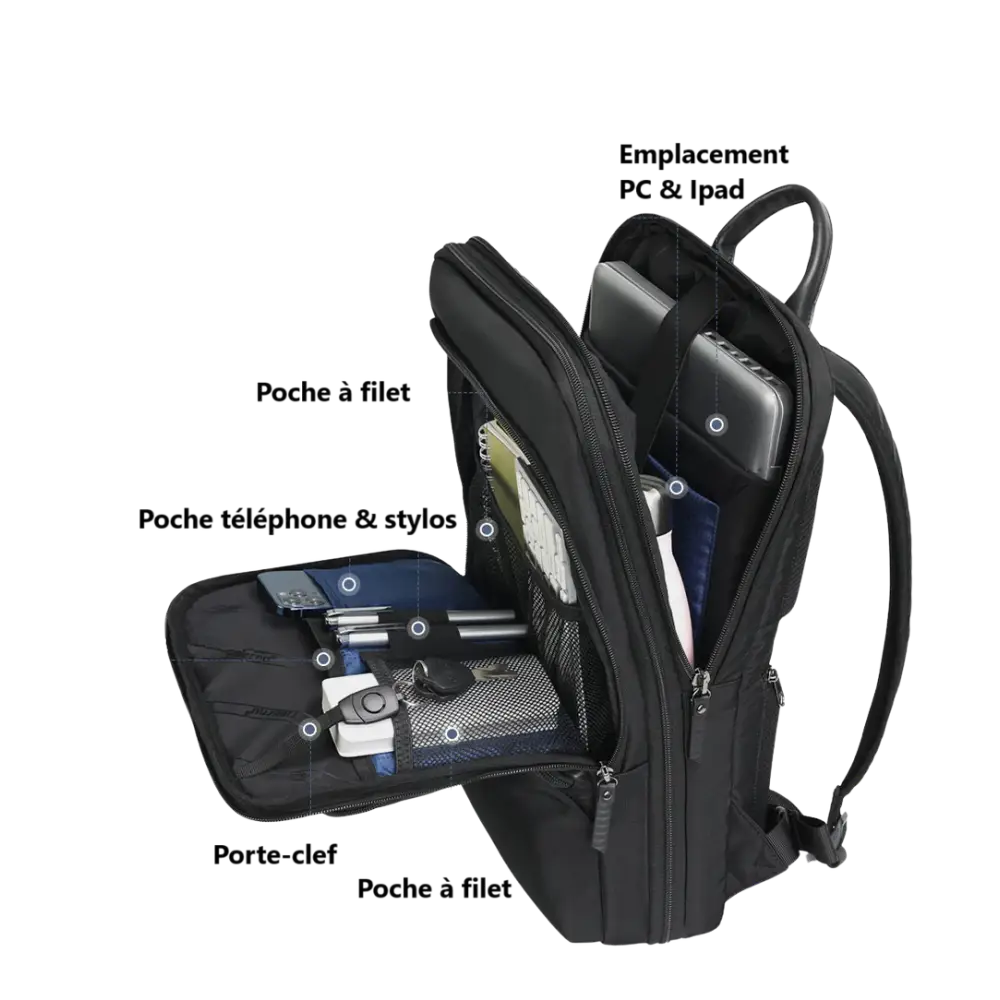 Sac à dos ordinateur professionnel noir ouvert avec compartiments pour rangement efficace
