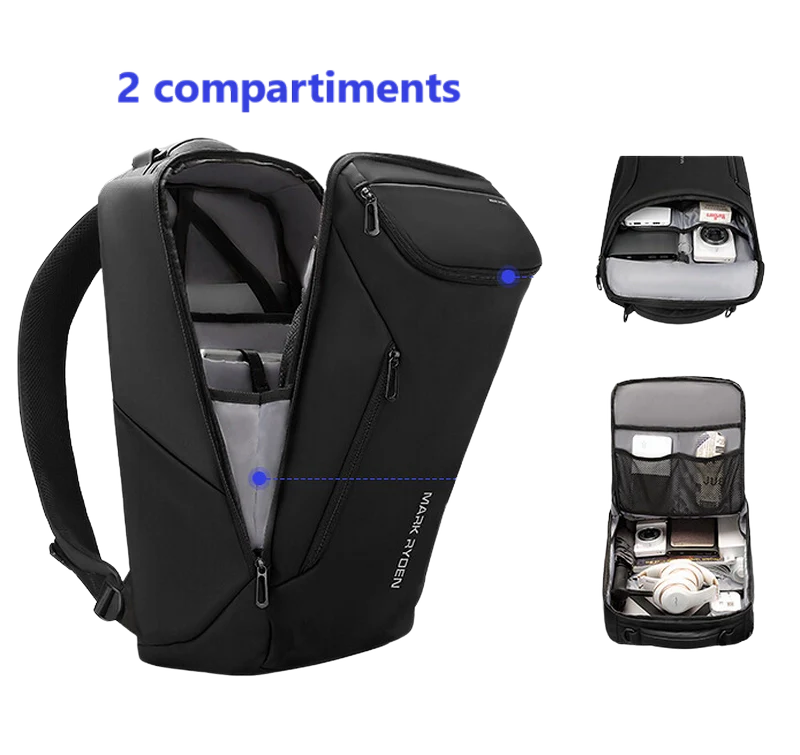 Sac à dos noir ouvert à deux compartiments.