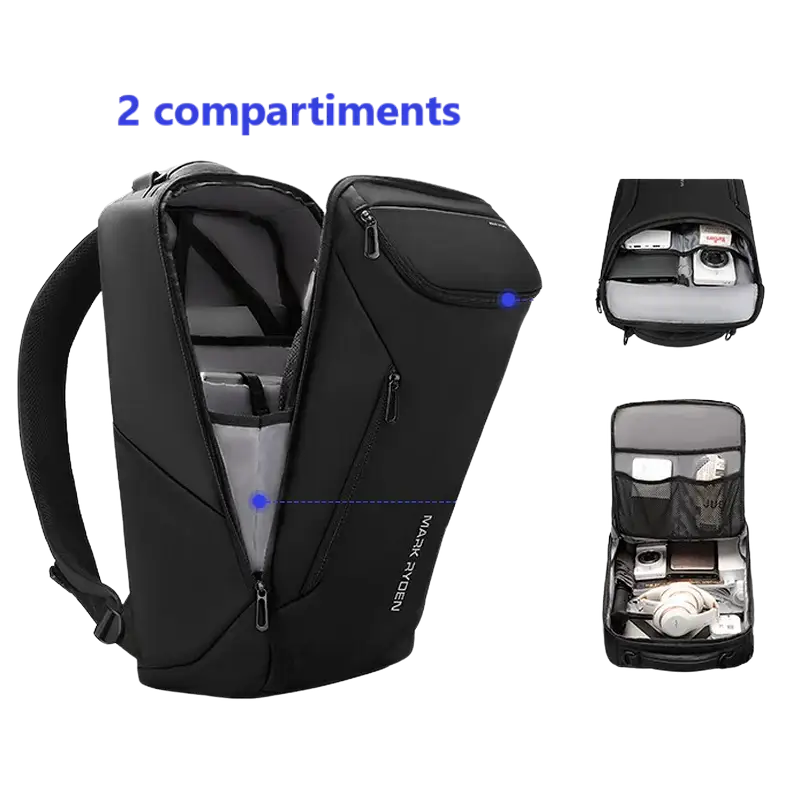 Sac à dos noir ouvert à deux compartiments.