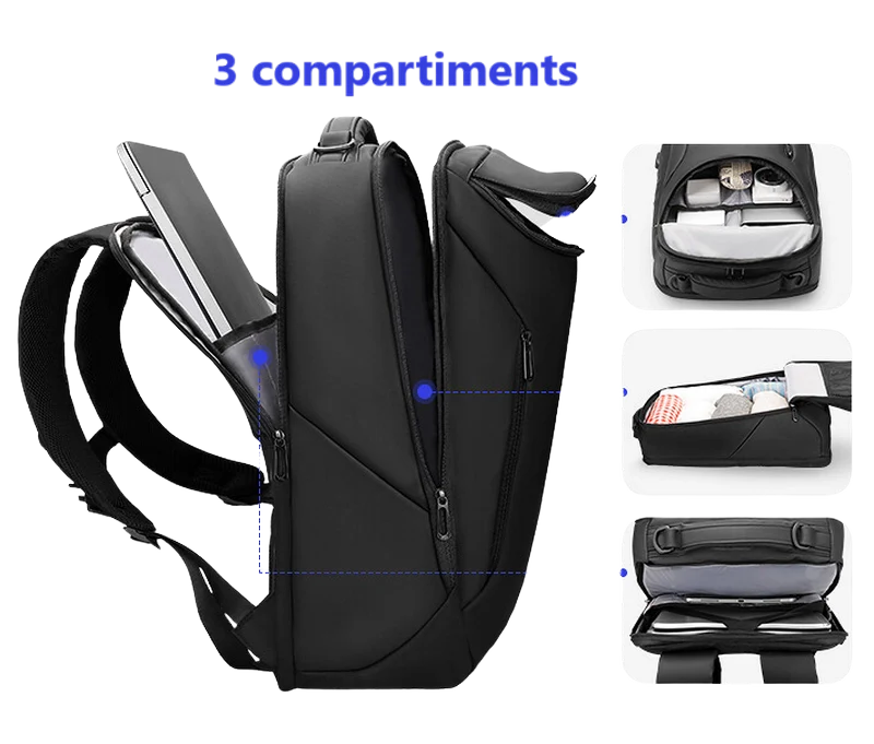Sac à dos noir à compartiments multiples.