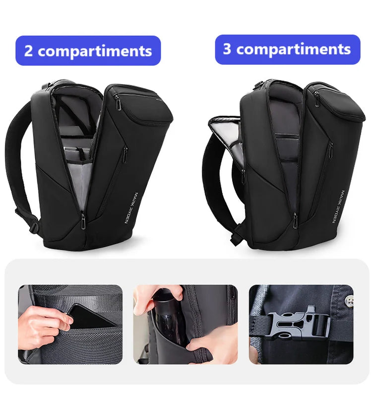 Sac à dos noir à compartiments multiples.