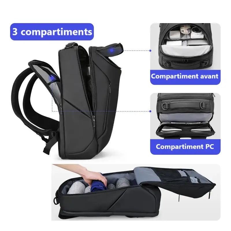 Sac à dos noir à compartiments multiples.