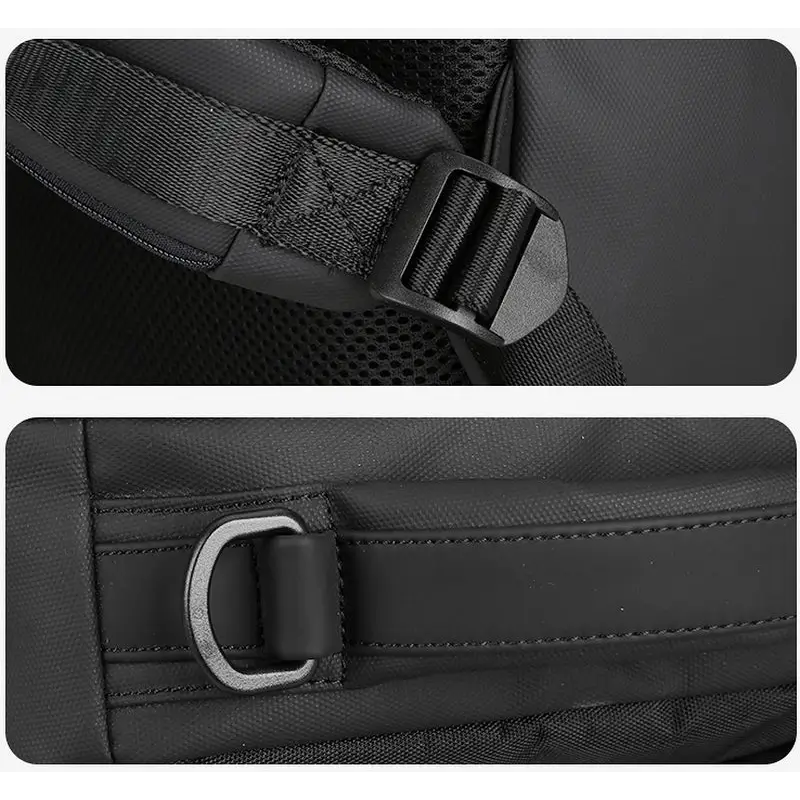 Détails de la sangle du sac à dos noir.
