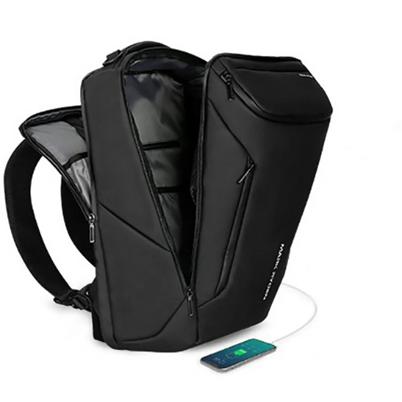 Sac à dos noir ouvert avec téléphone à charger.