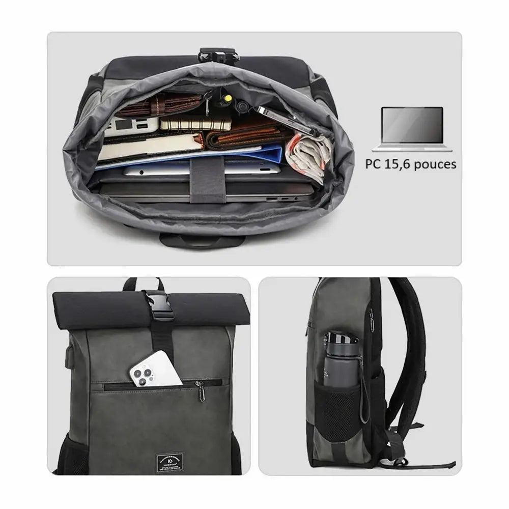 Sac à dos à roulettes gris et noir.