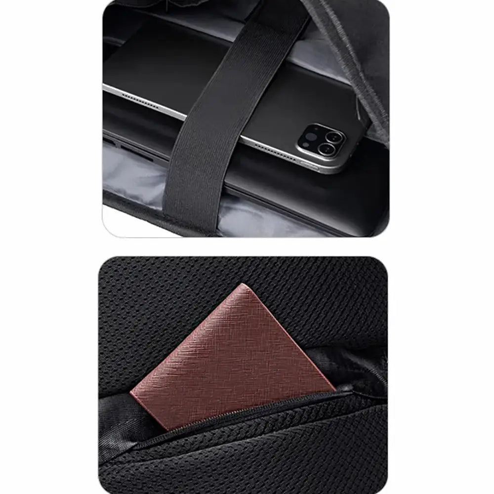 Sac à dos à l’intérieur duquel se trouvent des appareils électroniques et un portefeuille.