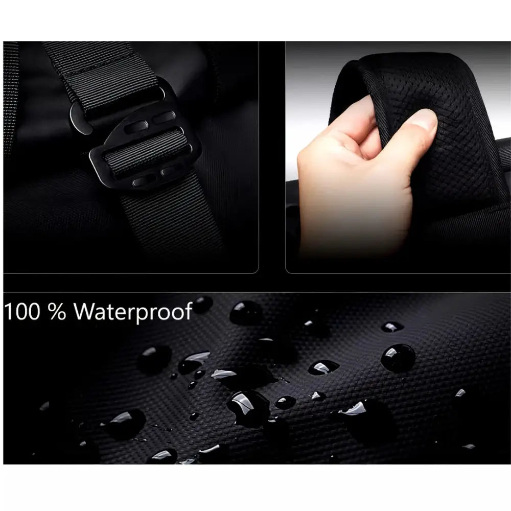 Sac à dos noir imperméable détails.