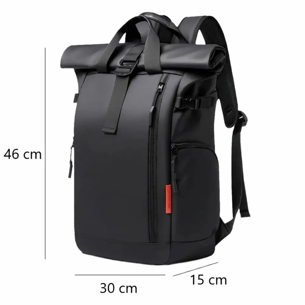 Sac à dos noir à roulettes avec dimensions.