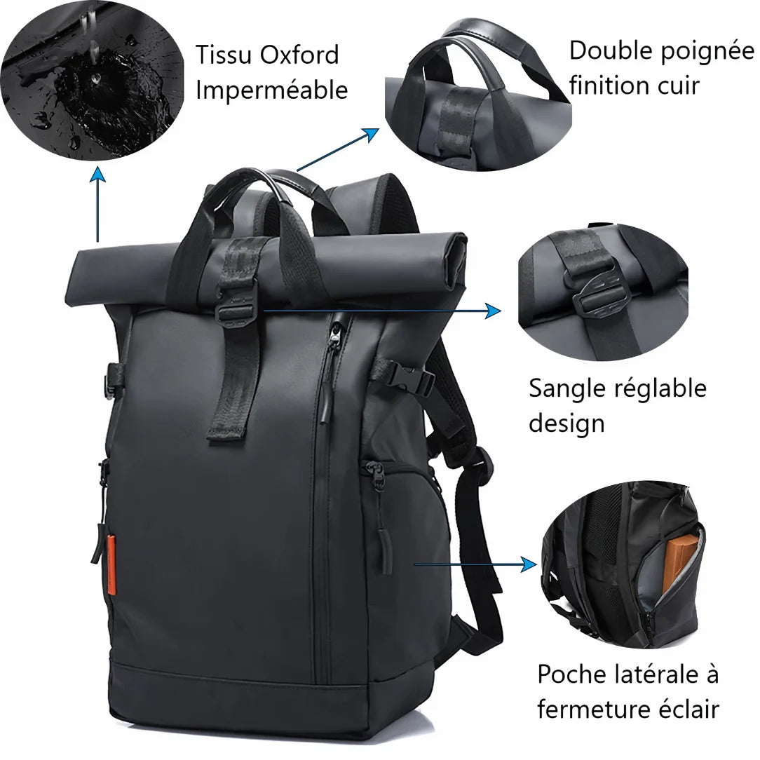 Sac à dos à roulettes noir avec bretelles réglables.