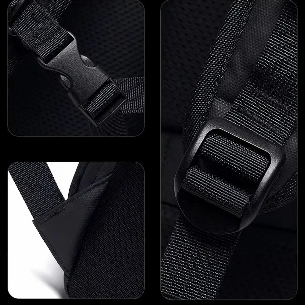 Détails de la sangle du sac à dos noir.