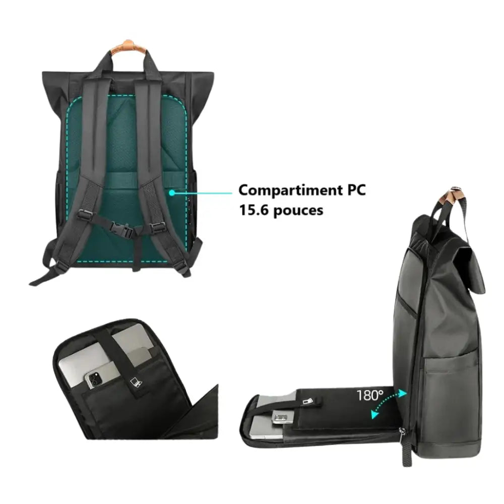 Sac à dos roll top homme Nero, sac à dos noir pour homme élégante et pratique