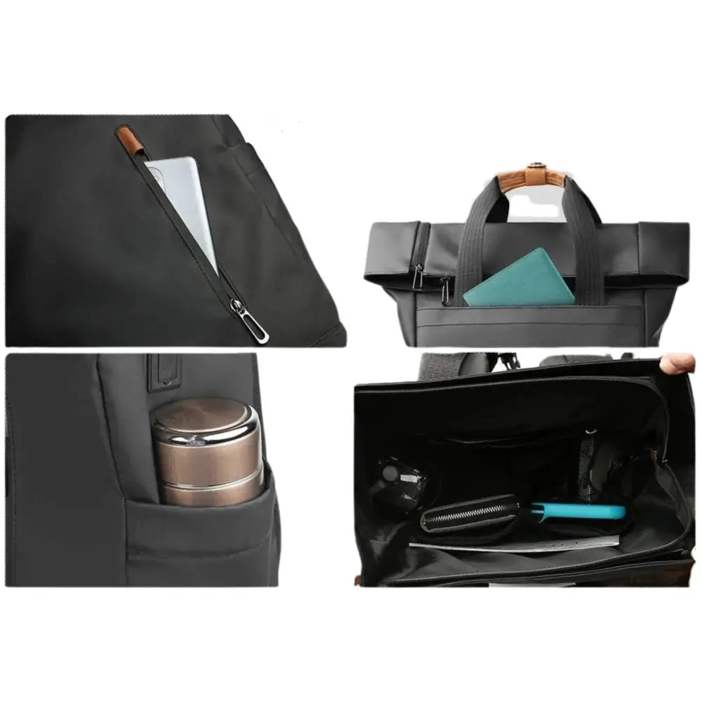 Sac à dos roll top homme noir avec plusieurs compartiments, sac à dos top homme