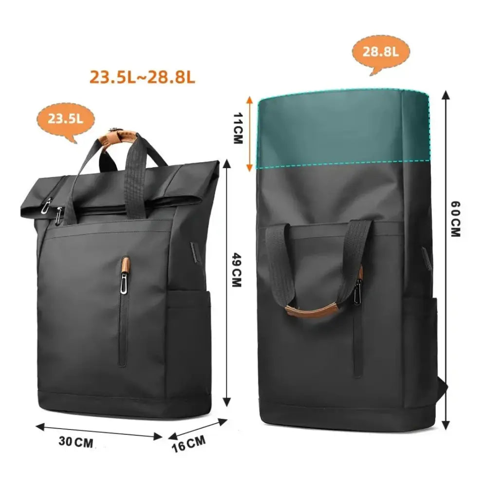 Sac à dos roll top homme noir avec dimensions, parfait pour un style top homme